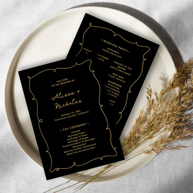 Vintage Whimsical Elegant Black and Gold Wedding Programme (Creator Uploaded)