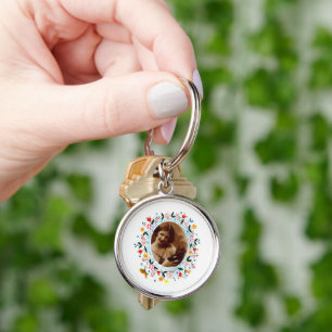 Vintage Whimsical Floral Cat Portrait Photo Custom Key Ring