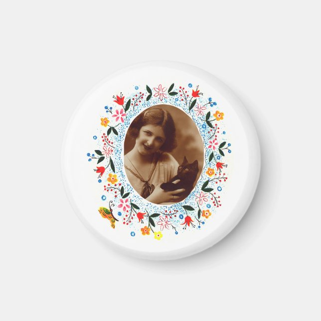 Vintage Whimsical Floral Frame Cat Photo Magnet (Front)