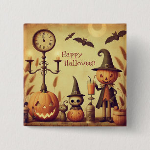 Vintage, whimsical Halloween pumpkins & bats 15 Cm Square Badge