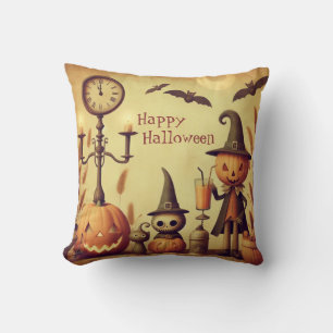 Vintage, whimsical Halloween pumpkins & bats Cushion