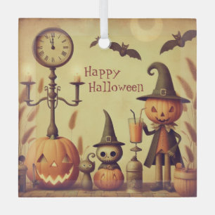 Vintage, whimsical Halloween pumpkins & bats Glass Tree Decoration