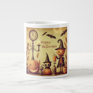 Vintage, whimsical Halloween pumpkins & bats Large Coffee Mug