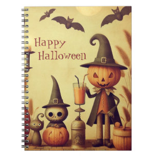 Vintage, whimsical Halloween pumpkins & bats Notebook