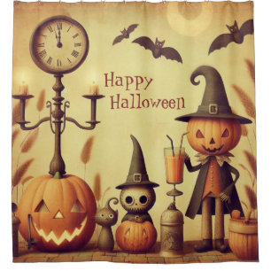 Vintage, whimsical Halloween pumpkins & bats Shower Curtain
