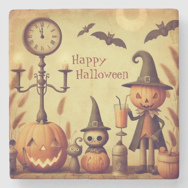 Vintage, whimsical Halloween pumpkins & bats Stone Coaster (Front)