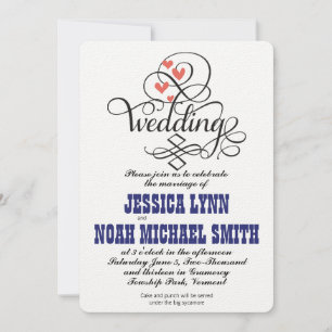 Vintage Whimsical Hearts Navy and Coral Invitation