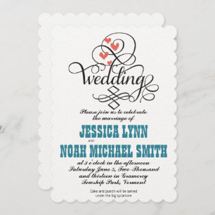 Vintage Whimsical Hearts Teal and Coral Invitation