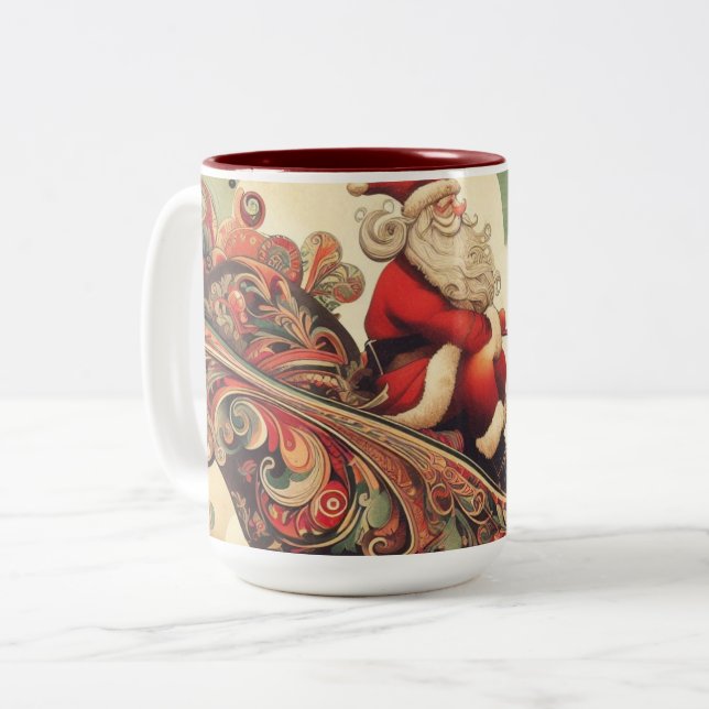vintage/whimsical/santa/Christmas Two-Tone Coffee Mug (Front Left)