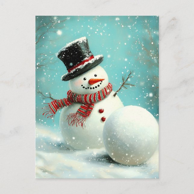 Vintage Whimsical Winter Snowman Joy Announcement Postcard (Front)
