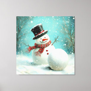 Vintage Whimsical Winter Snowman Joy Canvas Print