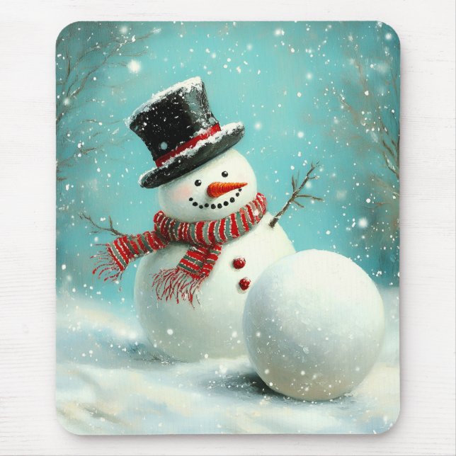 Vintage Whimsical Winter Snowman Joy Mouse Mat (Front)