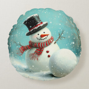Vintage Whimsical Winter Snowman Joy Round Cushion