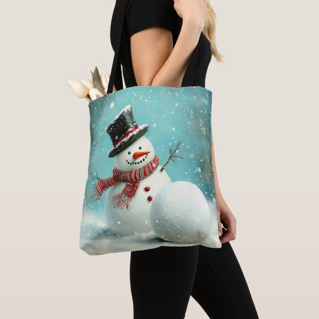 Vintage Whimsical Winter Snowman Joy Tote Bag (Close Up)