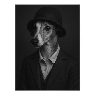 Vintage Whippet Dog in Bowler Hat and Suit Poster
