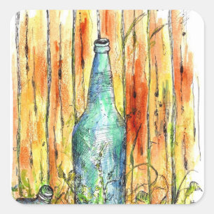 Vintage Whiskey Blue Bottle Rustic Wooden Fence Square Sticker