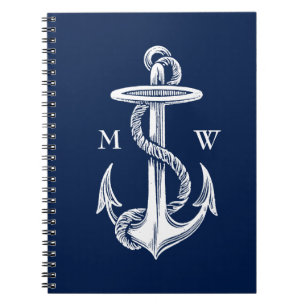 Vintage White Anchor Rope Navy Blue Background Notebook