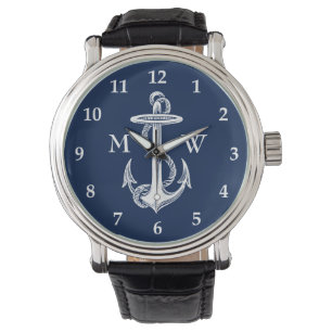 Vintage White Anchor Rope Navy Blue Background Watch