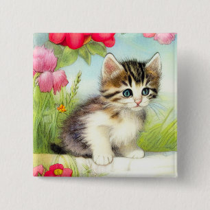 Vintage White and Brown Kitten with Flowers 15 Cm Square Badge