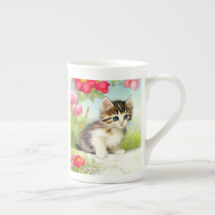 Vintage White and Brown Kitten with Flowers Bone China Mug