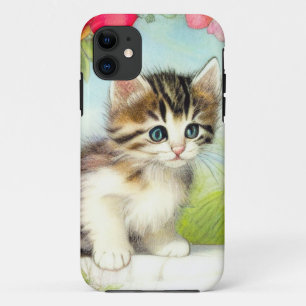 Vintage White and Brown Kitten with Flowers iPhone 11 Case