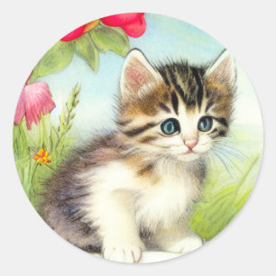 Vintage White and Brown Kitten with Flowers Classic Round Sticker