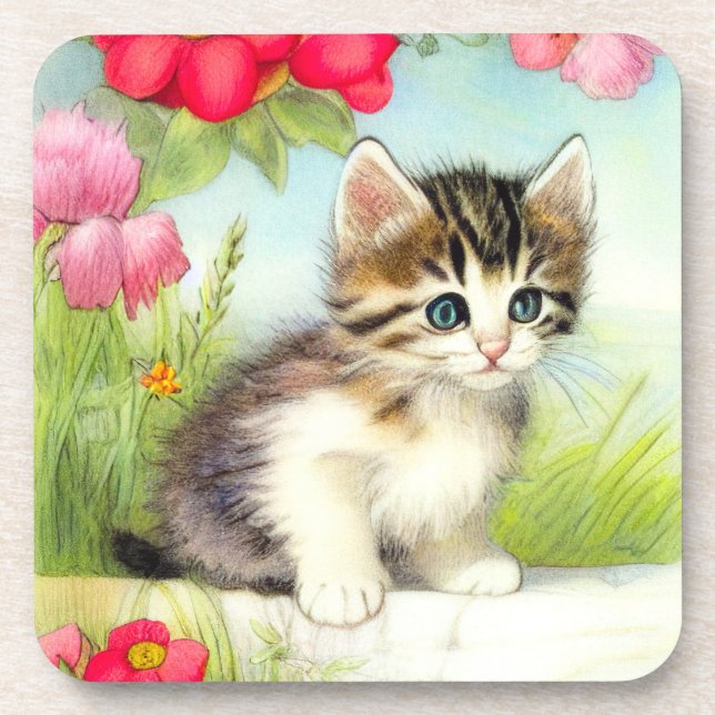 Vintage White and Brown Kitten with Flowers Coaster (Front)