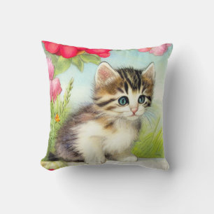 Vintage White and Brown Kitten with Flowers Cushion