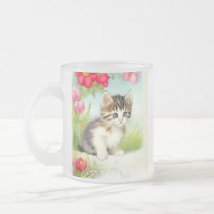 Vintage White and Brown Kitten with Flowers Frosted Glass Coffee Mug