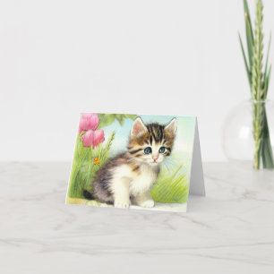Vintage White and Brown Kitten with Flowers Invitation