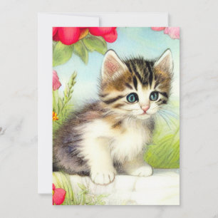 Vintage White and Brown Kitten with Flowers Invitation