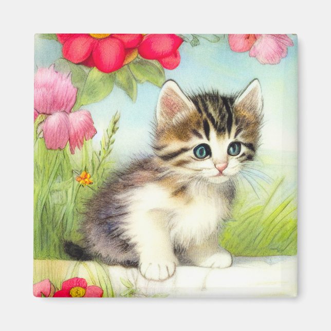 Vintage White and Brown Kitten with Flowers Magnet (Front)