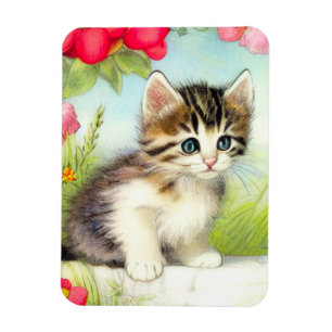 Vintage White and Brown Kitten with Flowers Magnet