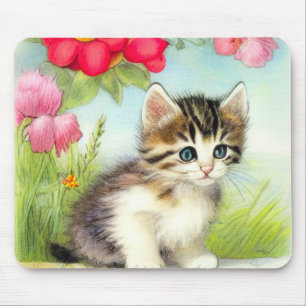 Vintage White and Brown Kitten with Flowers Mouse Mat