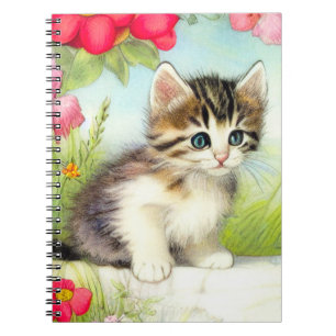 Vintage White and Brown Kitten with Flowers Notebook