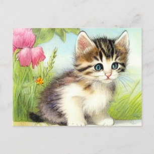 Vintage White and Brown Kitten with Flowers Postcard