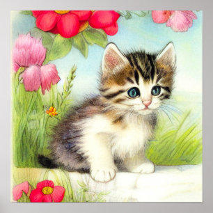 Vintage White and Brown Kitten with Flowers Poster