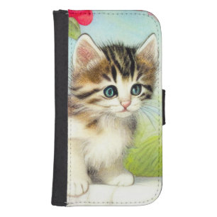 Vintage White and Brown Kitten with Flowers Samsung S4 Wallet Case