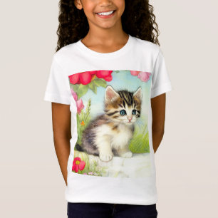 Vintage White and Brown Kitten with Flowers T-Shirt