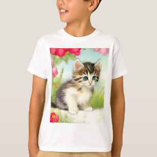 Vintage White and Brown Kitten with Flowers T-Shirt