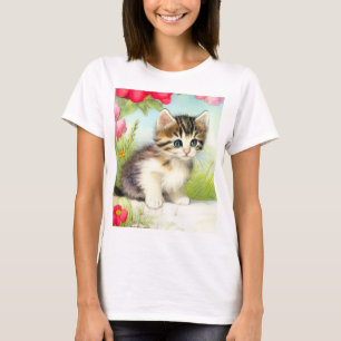 Vintage White and Brown Kitten with Flowers T-Shirt