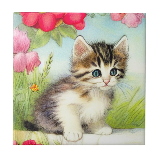 Vintage White and Brown Kitten with Flowers Tile (Front)