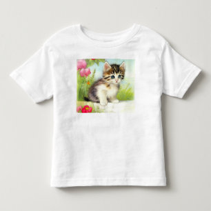 Vintage White and Brown Kitten with Flowers Toddler T-Shirt