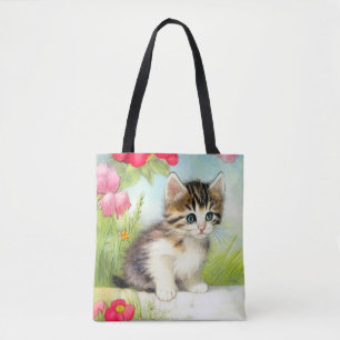 Vintage White and Brown Kitten with Flowers Tote Bag
