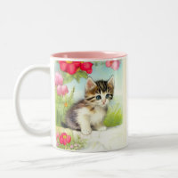 Vintage White and Brown Kitten with Flowers
