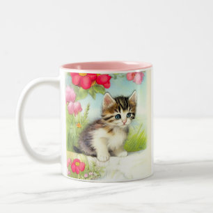 Vintage White and Brown Kitten with Flowers Two-Tone Coffee Mug