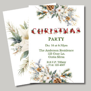 Vintage White and Green Greenery Christmas Party Invitation