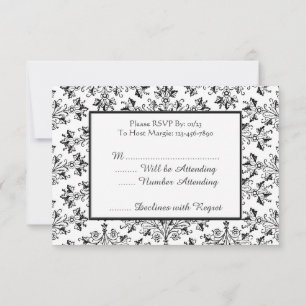 Vintage White Black Damask Editable RSVP Cards