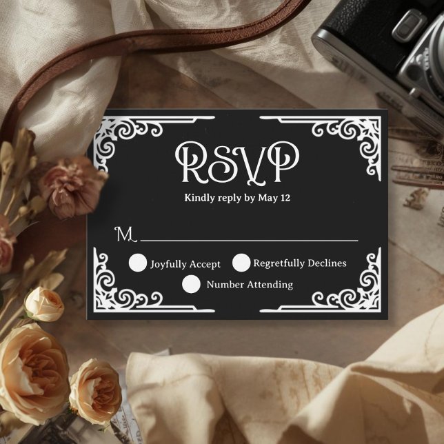  Vintage White Black Wedding  RSVP Card (Cinematic Vintage White Black Wedding RSVP Card)