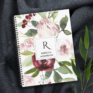 VINTAGE WHITE BLUSH PINK BURGUNDY PROTEA FLORAL NOTEBOOK